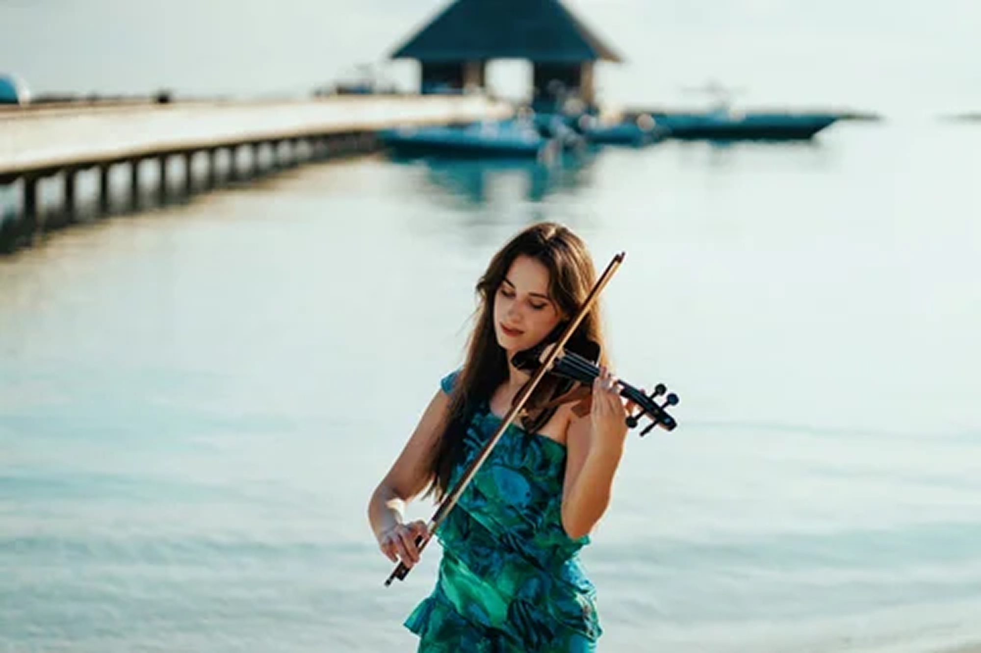 uso-solos-duos-violinist-waterfront Solo violinist performing outdoors at a waterfront location
